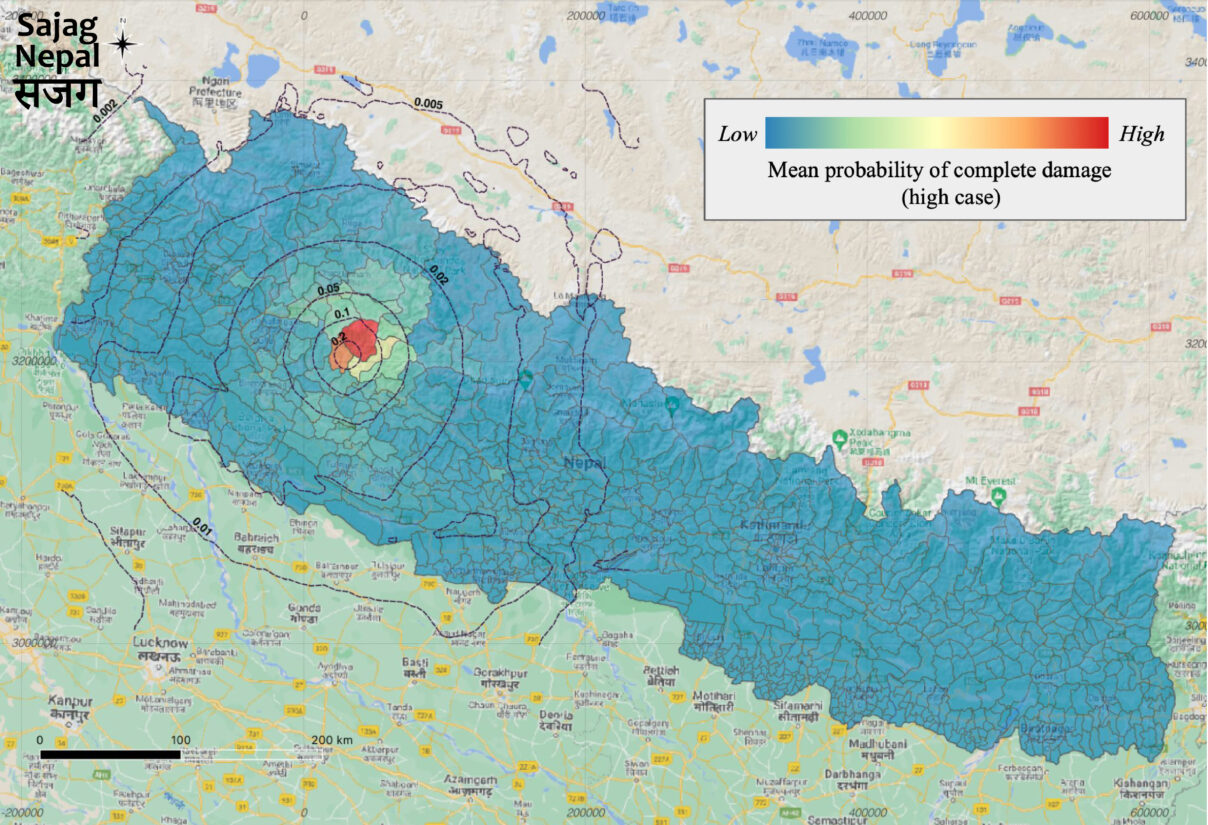 Map showing ranking of municipalities by the mean likelihood of complete building damage in the 3 November 2023 Jajarkot earthquake