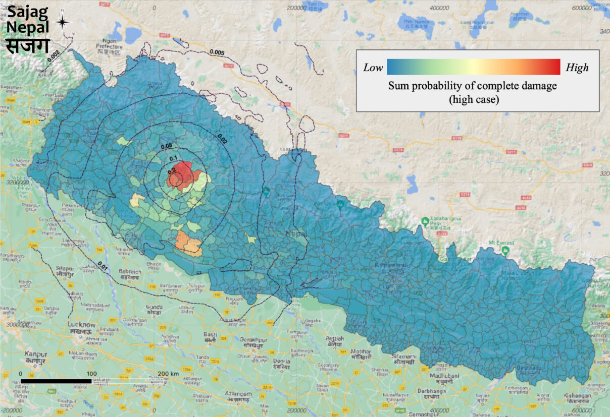 Map showing ranking of municipalities by the summed likelihood of complete building damage in the 3 November 2023 Jajarkot earthquake